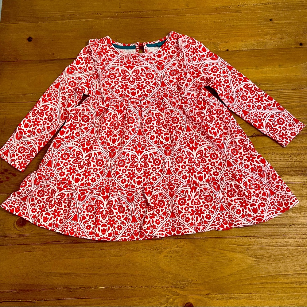 Mini Boden LS Red and White Printed Jersey Dress Size 2/3